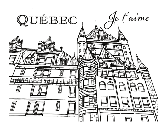 Black and white line art illustration of a historic Quebec building with the text 'QUÉBEC Je t'aime' above it, shown on a plain white background: YouColor