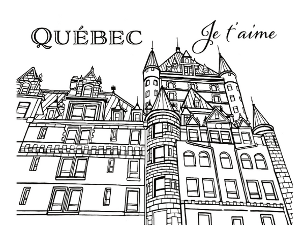 Black and white line art illustration of a historic Quebec building with the text 'QUÉBEC Je t'aime' above it, shown on a plain white background: YouColor