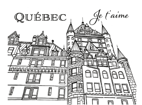 Black and white line art illustration of a historic Quebec building with the text 'QUÉBEC Je t'aime' above it, shown on a plain white background: YouColor