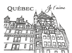 Black and white line art illustration of a historic Quebec building with the text 'QUÉBEC Je t'aime' above it, shown on a plain white background: YouColor