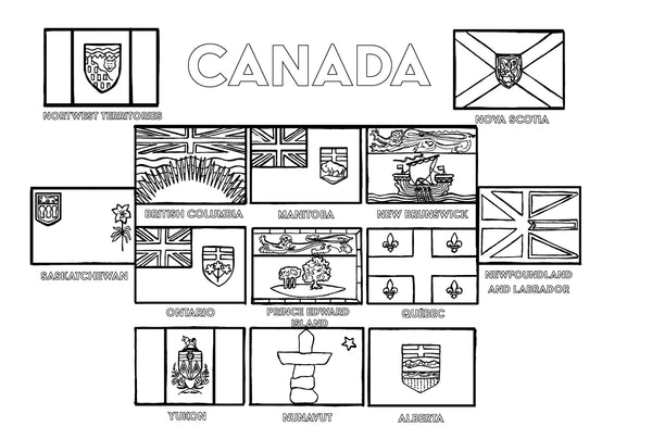 Free printable coloring sheet featuring the flags of all 13 Canadian provinces and territories :Youcolor