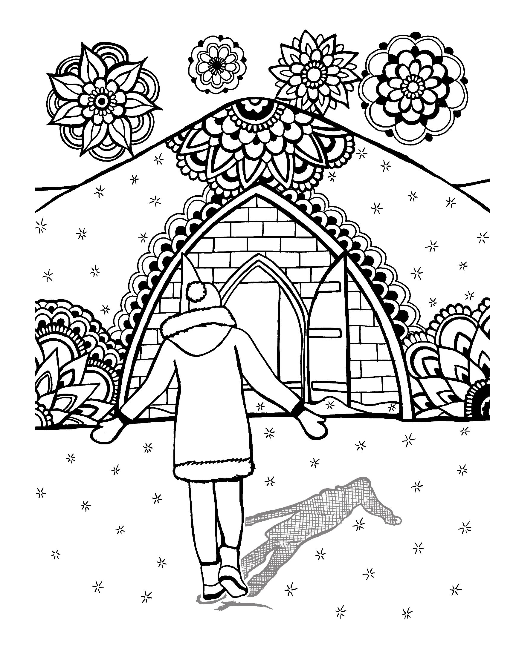 Black-and-white hand-drawn illustration of a person in a winter coat approaching the Ice Hotel in Quebec City. The icy arched entrance is surrounded by intricate mandala snowflake designs and falling snowflakes, symbolizing Quebec’s magical winter atmosphere. You-Color