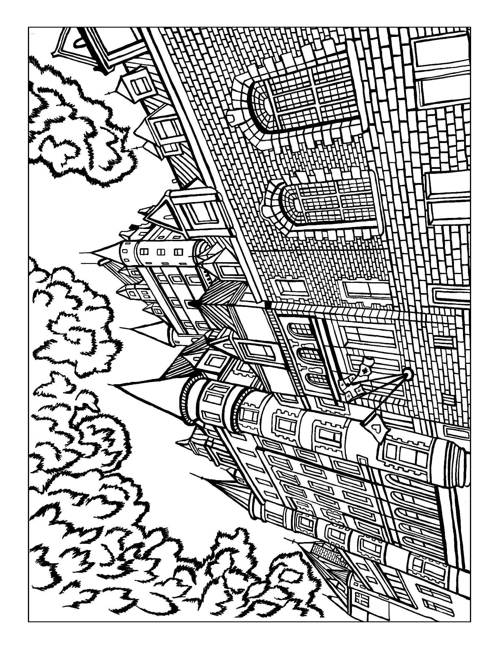 Black-and-white hand-drawn illustration of Quebec City’s Château Frontenac, showing detailed brickwork, arched windows, and the castle’s distinctive turrets. The image highlights the architectural elegance and historic grandeur of Old Quebec’s most iconic hotel, surrounded by leafy trees at its base. You-Color