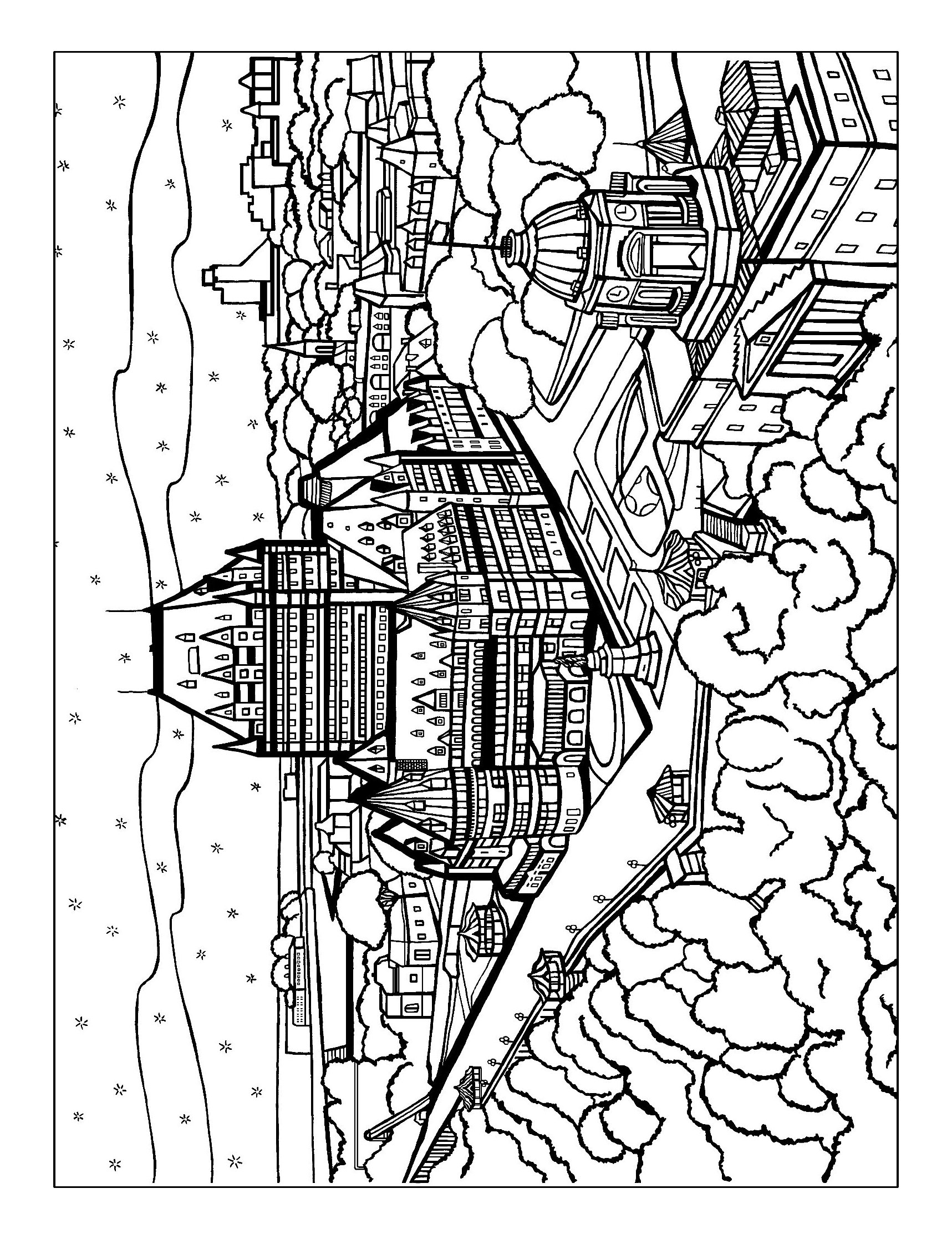 Black-and-white hand-drawn panoramic illustration of Old Quebec City featuring the iconic Château Frontenac overlooking the St. Lawrence River. The image includes nearby historic buildings, domed rooftops, trees, and the Dufferin Terrace boardwalk, capturing Quebec’s elegant European-inspired skyline. You-Color