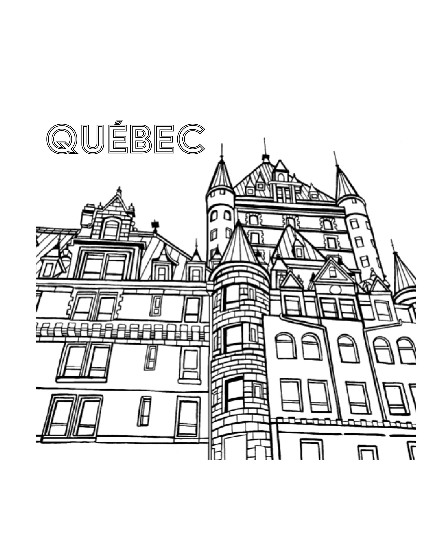 Black-and-white hand-drawn close-up illustration of the Château Frontenac in Quebec City, showing detailed turrets, windows, and stone architecture. The word “Québec” appears at the top left, highlighting the grandeur of this historic Canadian landmark and its castle-like charm. You-Color