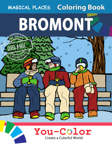 Bromont Coloring Book - Magical Places showing 3 young snowboarders - by You-Color