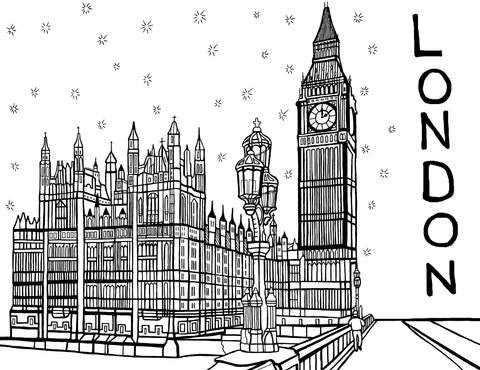 The illustration captures the intricate Gothic Revival architecture, with the towering clock tower standing prominently beside the ornate parliamentary buildings. Free coloring page : You-Color
