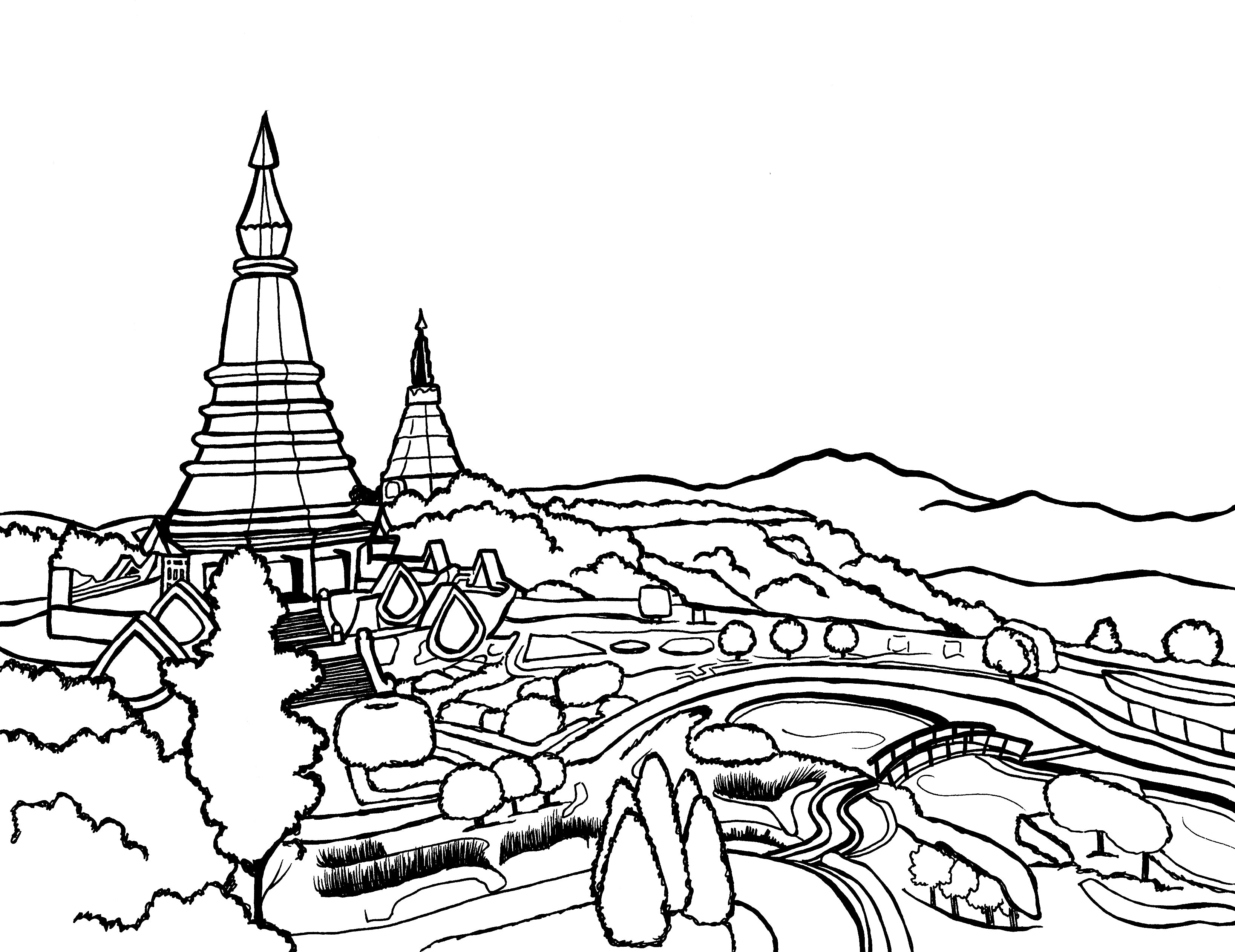 A stunning black and white coloring page capturing the essence of Chiang Mai, Thailand, with a backdrop of rolling hills and a foreground featuring iconic Thai pagodas. This page offers a peaceful retreat into the tranquility and spiritual depth of Northern Thailand, awaiting the addition of color to bring its rich culture and serene landscapes to life. Perfect for artistic minds intrigued by Thailand's history and natural beauty. Free coloring page: You-Color