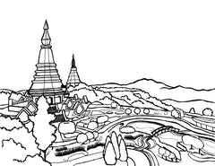 A stunning black and white coloring page capturing the essence of Chiang Mai, Thailand, with a backdrop of rolling hills and a foreground featuring iconic Thai pagodas. This page offers a peaceful retreat into the tranquility and spiritual depth of Northern Thailand, awaiting the addition of color to bring its rich culture and serene landscapes to life. Perfect for artistic minds intrigued by Thailand's history and natural beauty. Free coloring page: You-Color