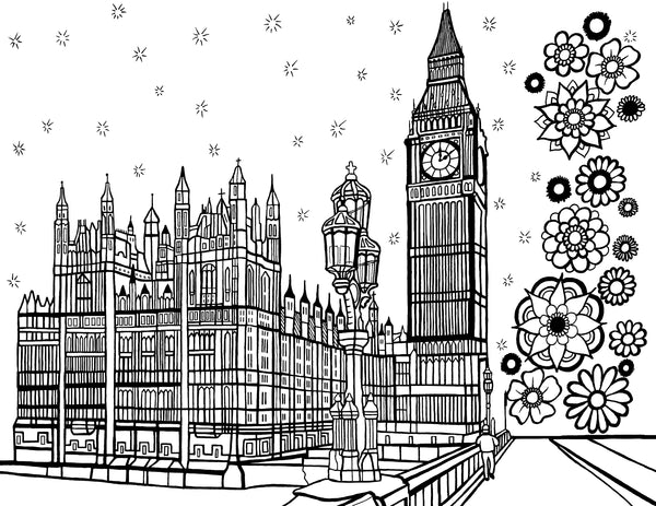 Free printable Big Ben and Houses of Parliament London coloring page featuring Elizabeth Tower, Westminster Bridge and decorative flowers: You-Color