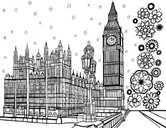 Free printable Big Ben and Houses of Parliament London coloring page featuring Elizabeth Tower, Westminster Bridge and decorative flowers: You-Color
