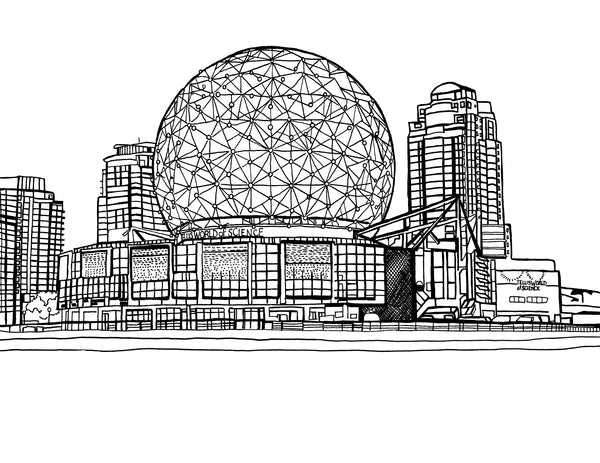 Free printable Science World Vancouver coloring page featuring the famous geodesic dome beside False Creek: You-Color