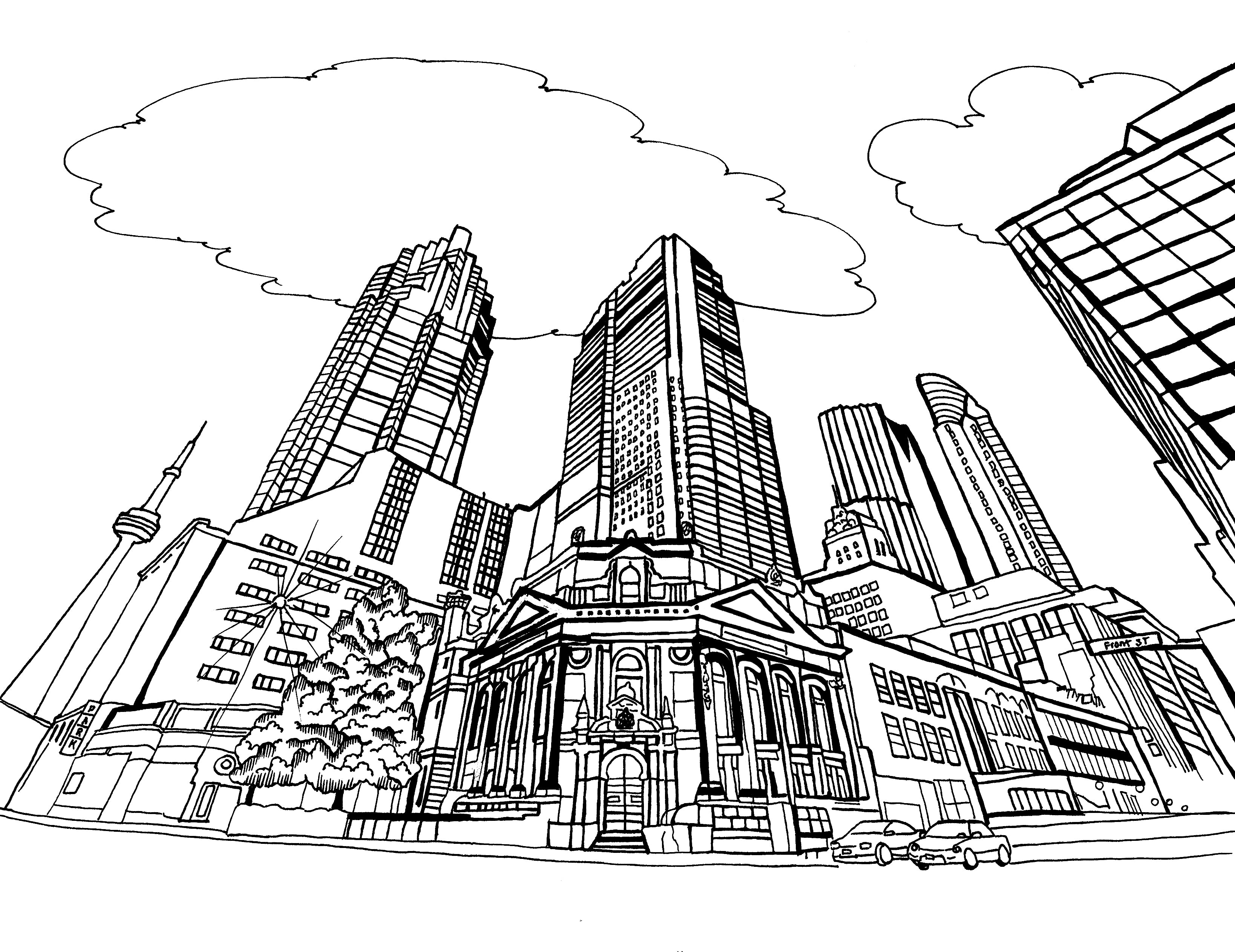 Free printable downtown Toronto coloring page featuring the Hockey Hall of Fame, CN Tower and city skyscrapers: You-Color