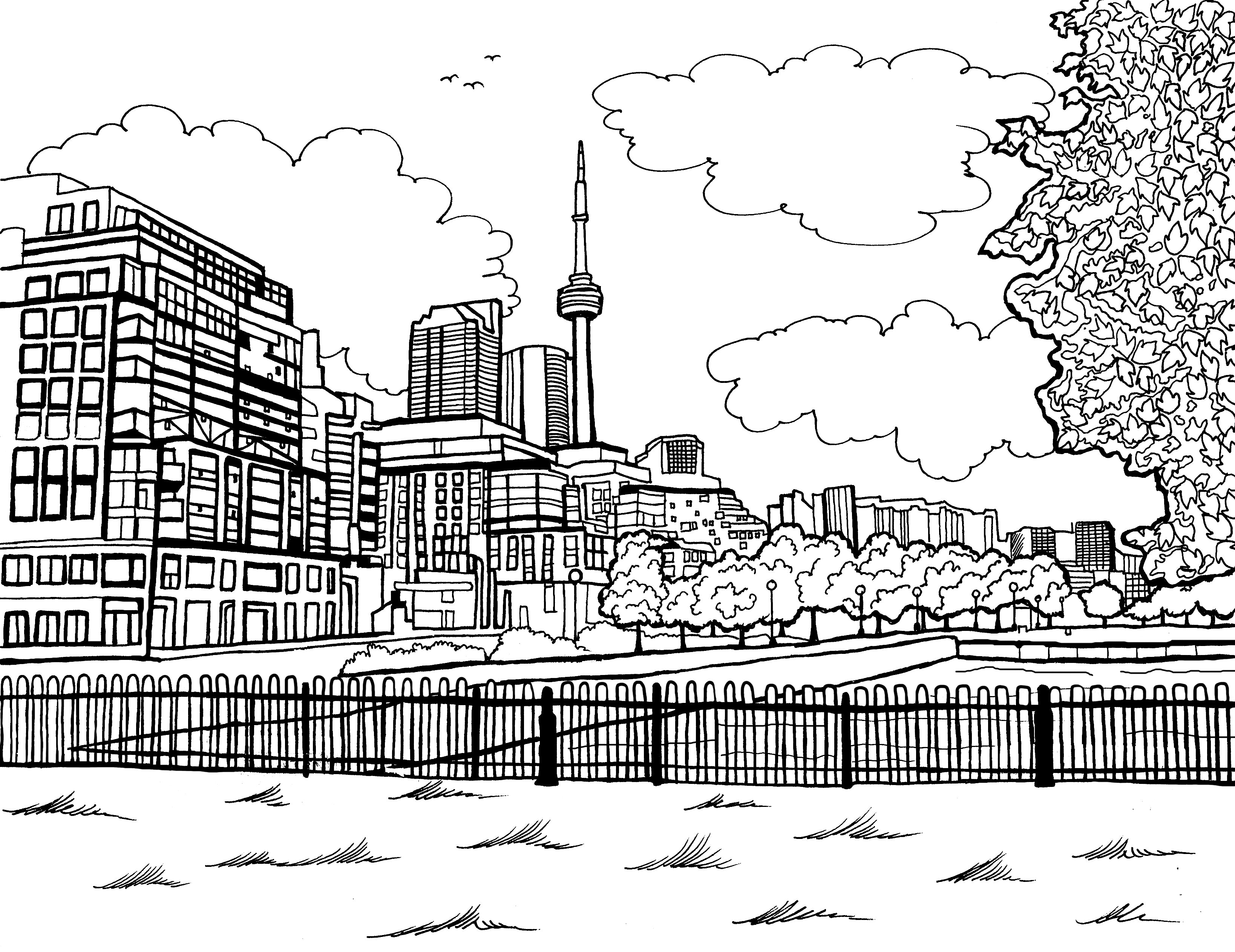 Free printable CN Tower Toronto coloring page featuring the famous Canadian landmark, downtown skyline, park, trees and clouds: You-Color