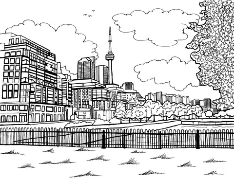 Free printable CN Tower Toronto coloring page featuring the famous Canadian landmark, downtown skyline, park, trees and clouds: You-Color