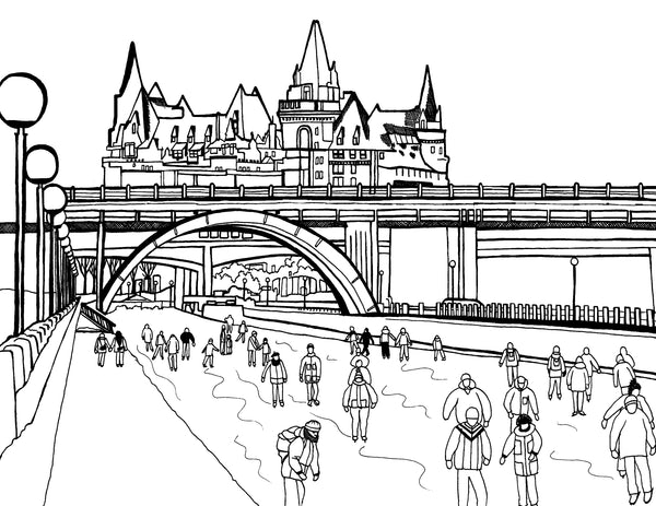 Free printable Rideau Canal Ottawa coloring page featuring people ice skating near Fairmont Château Laurier: You-Color
