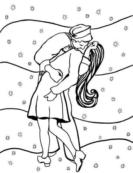 Free printable V-J Day in Times Square coloring page depicting the famous 1945 New York City kiss: You-Color
