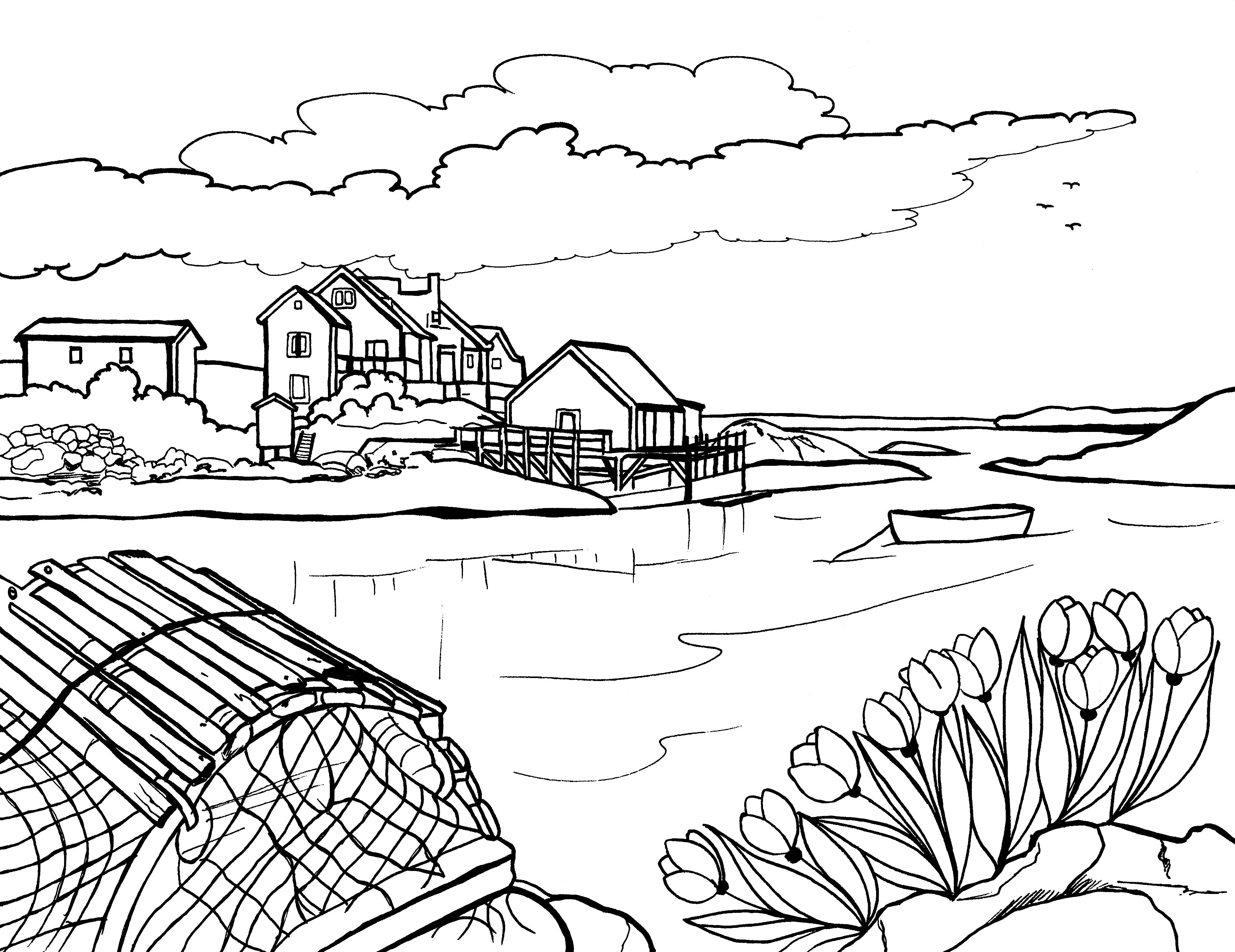 Free printable Halifax Nova Scotia fishing village coloring page with waterfront homes, a small boat, lobster traps and coastal flowers: You-Color