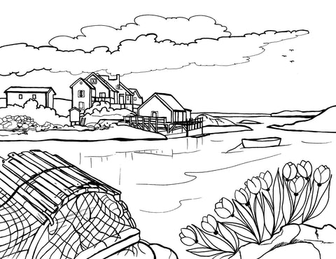 Free printable Halifax Nova Scotia fishing village coloring page with waterfront homes, a small boat, lobster traps and coastal flowers: You-Color