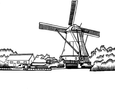 Free printable Dutch windmill coloring page featuring a traditional windmill, waterside building, reeds and countryside in the Netherlands: You-Color