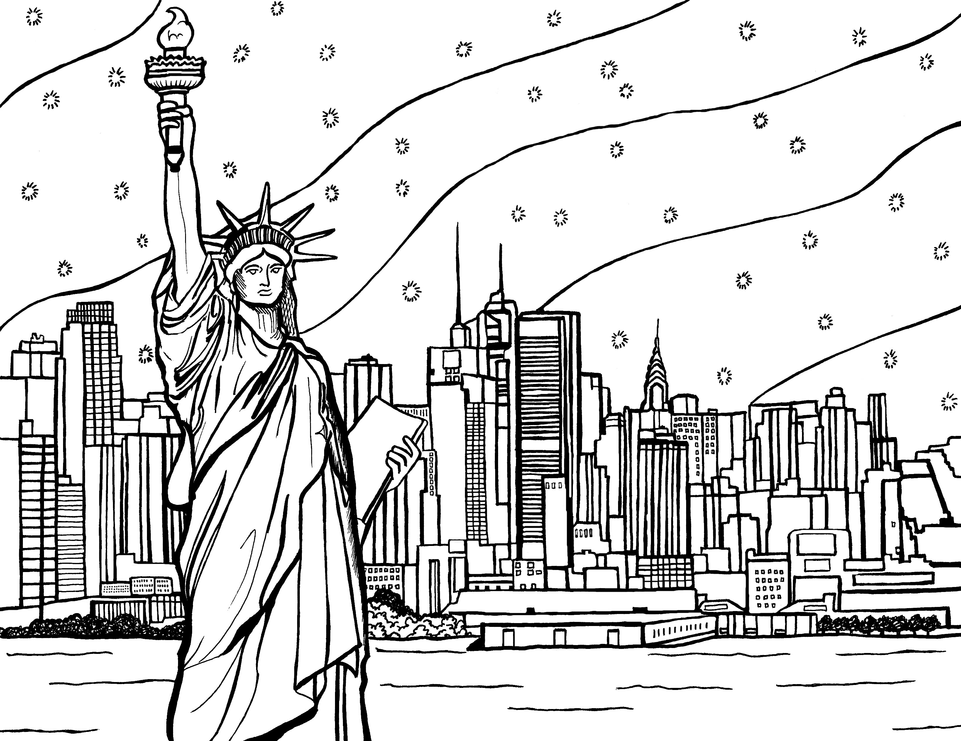 Free printable Statue of Liberty coloring page featuring the New York City skyline across the harbor: YouColor