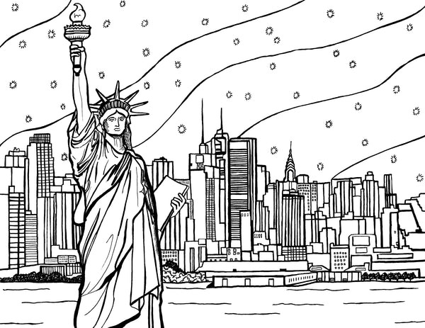 Free printable Statue of Liberty coloring page featuring the New York City skyline across the harbor: YouColor