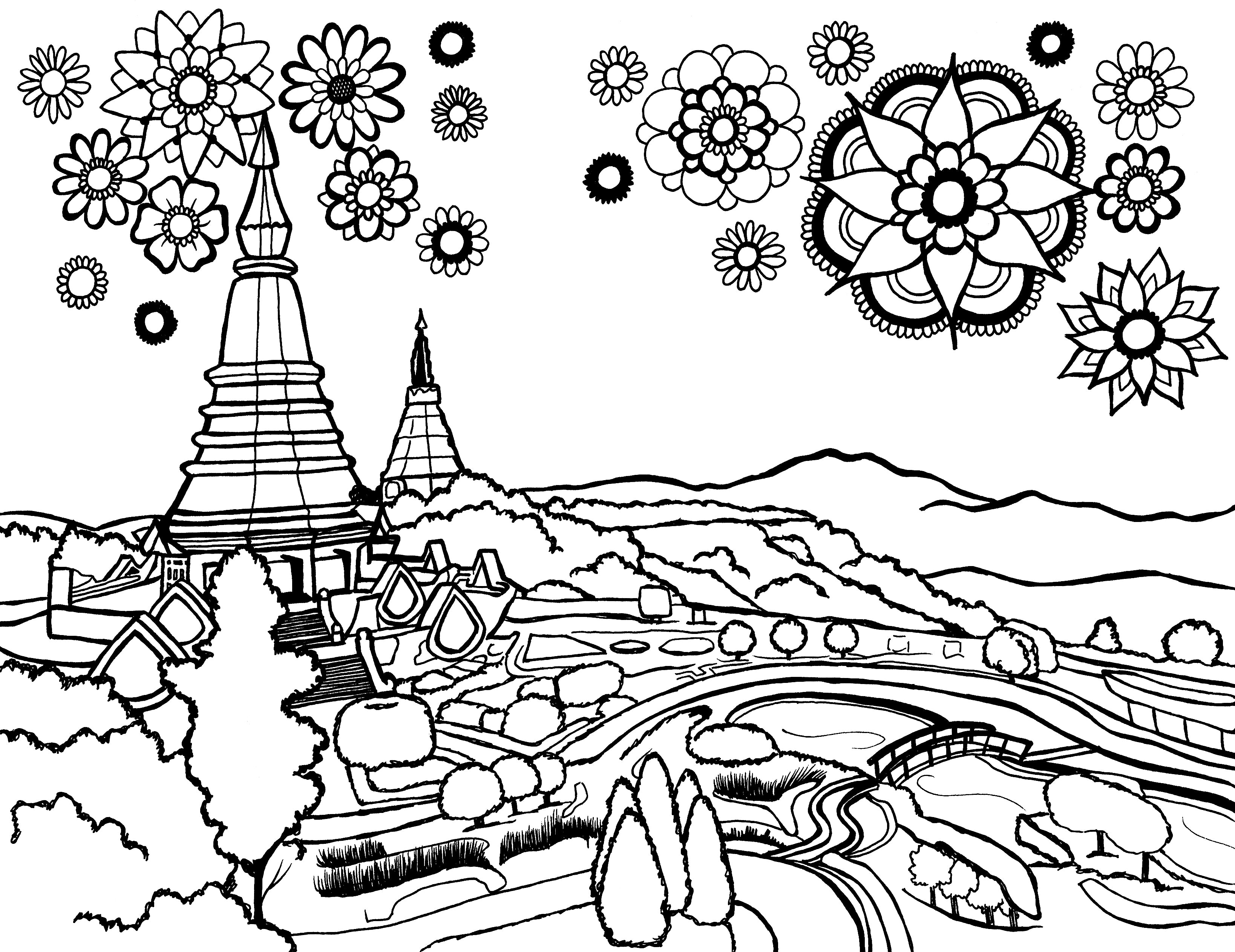 Free printable Doi Inthanon coloring page featuring the Twin Royal Pagodas and mountain gardens in Chiang Mai, Thailand: You-Color