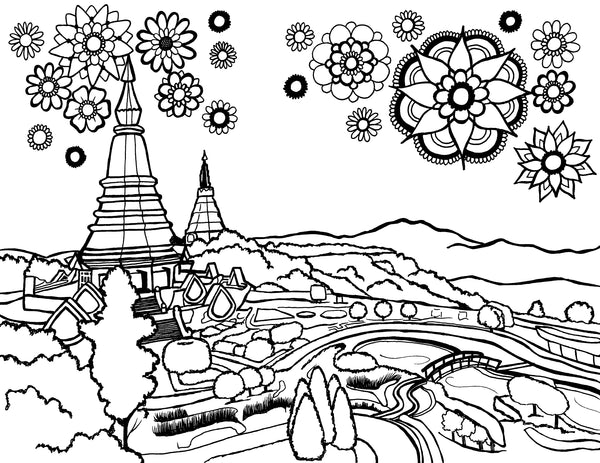 Free printable Doi Inthanon coloring page featuring the Twin Royal Pagodas and mountain gardens in Chiang Mai, Thailand: You-Color