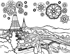 Free printable Doi Inthanon coloring page featuring the Twin Royal Pagodas and mountain gardens in Chiang Mai, Thailand: You-Color