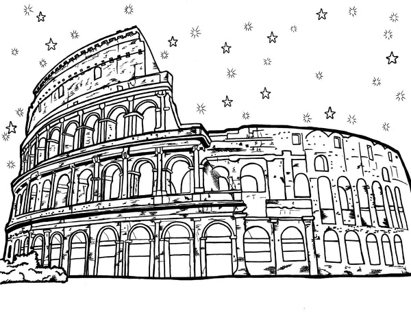 Free printable Colosseum Rome coloring page featuring the ancient amphitheatre surrounded by decorative stars: You-Color