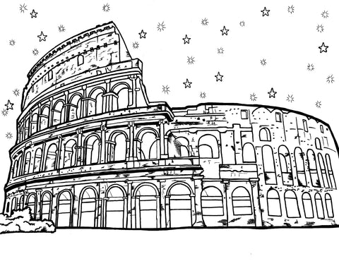 Free printable Colosseum Rome coloring page featuring the ancient amphitheatre surrounded by decorative stars: You-Color