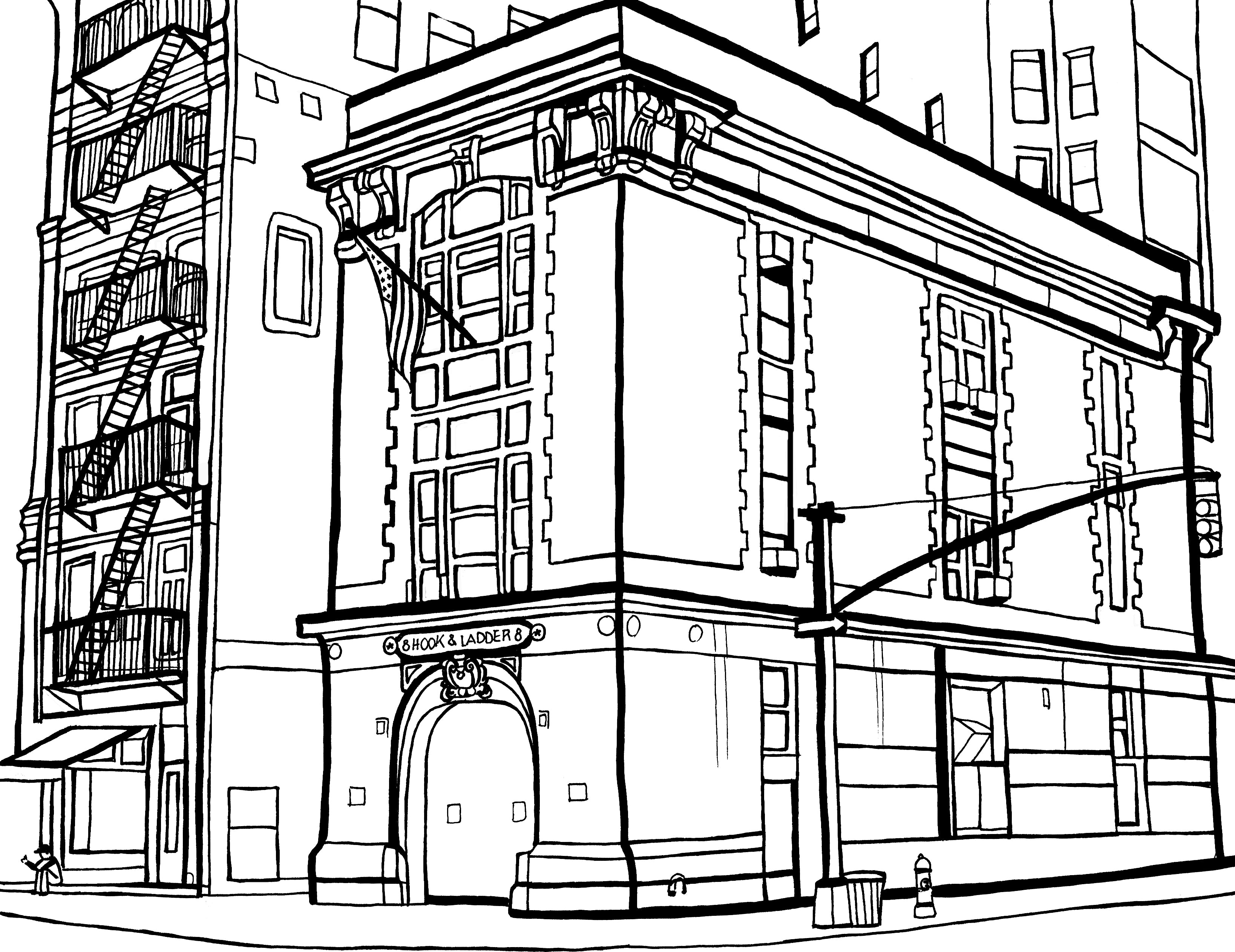 Free printable Hook and Ladder 8 New York coloring page featuring the famous FDNY firehouse in Tribeca: You-Color