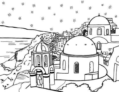 Free printable Santorini Greece coloring page featuring Oia’s domed churches and whitewashed cliffside village: You-Color