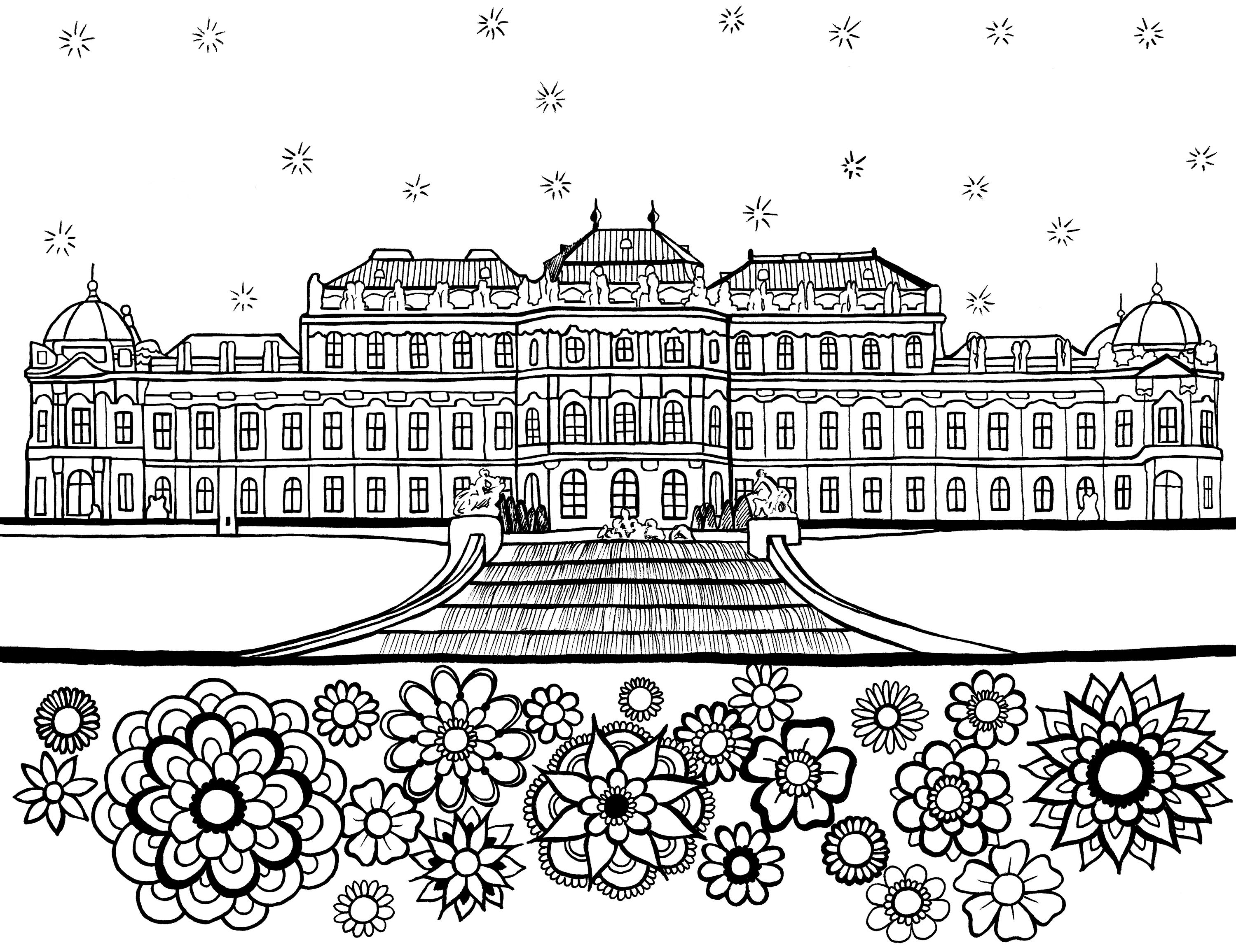Free printable Upper Belvedere Palace Vienna coloring page featuring its symmetrical Baroque façade, formal garden and decorative flowers: You-Color