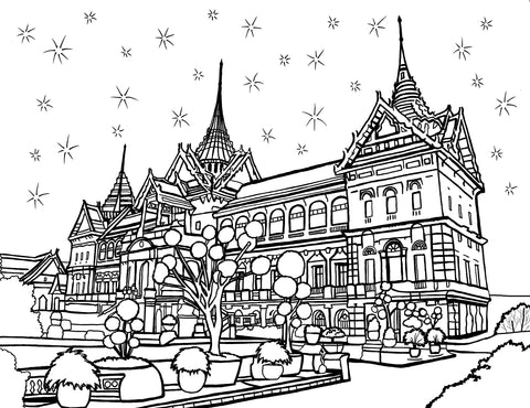 Free printable Grand Palace Bangkok coloring page featuring the ornate Chakri Maha Prasat Hall in Thailand: You-Color