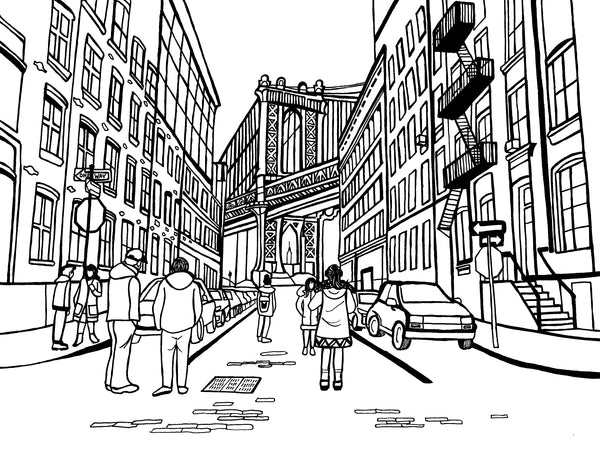 Free printable Washington Street DUMBO coloring page featuring the Manhattan Bridge framed by historic Brooklyn buildings and fire escapes: You-Color