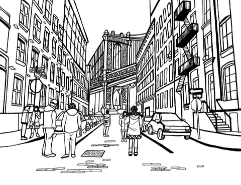 Free printable Washington Street DUMBO coloring page featuring the Manhattan Bridge framed by historic Brooklyn buildings and fire escapes: You-Color
