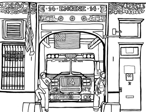 Free printable FDNY Engine 14 New York coloring page featuring a fire engine, two firefighters and the historic Manhattan firehouse: YouColor