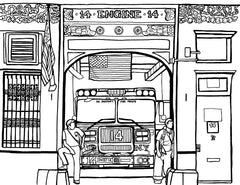 Free printable FDNY Engine 14 New York coloring page featuring a fire engine, two firefighters and the historic Manhattan firehouse: YouColor