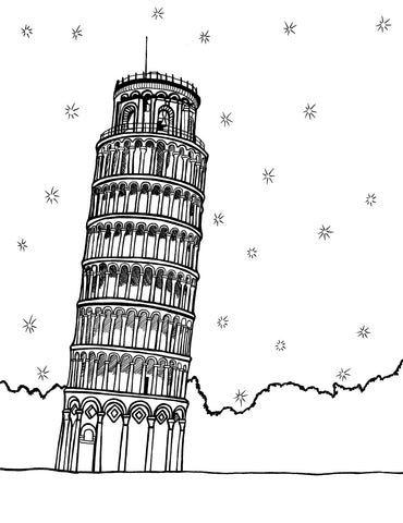 Free printable Leaning Tower of Pisa coloring page featuring the famous tilted bell tower in Italy: You-Color