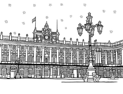 Free printable Royal Palace of Madrid coloring page featuring its symmetrical façade, Spanish flag and ornate historic streetlamp: You-Color