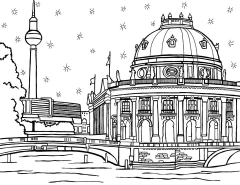 Free printable Bode Museum Berlin coloring page featuring its domed façade, riverside bridge and the Berlin Television Tower: You-Color