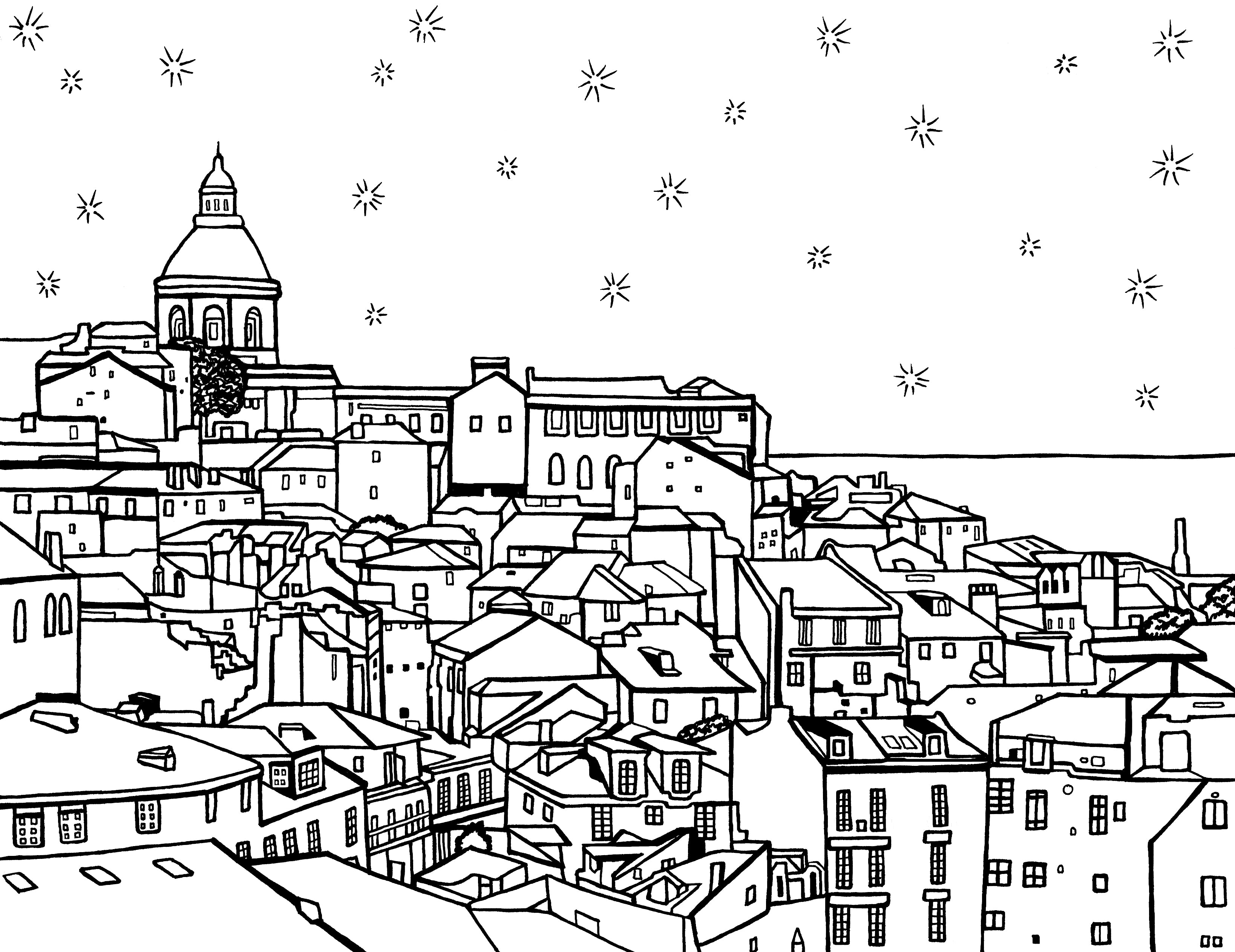 Free printable coastal Lisbon coloring page featuring Alfama hillside homes, tiled rooftops, the Tagus River and National Pantheon: You-Color