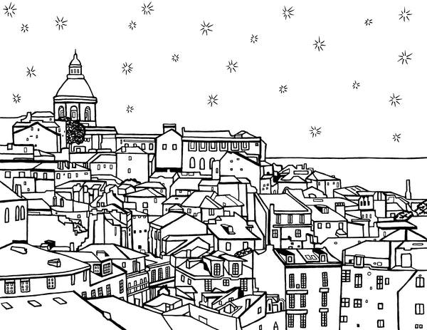 Free printable coastal Lisbon coloring page featuring Alfama hillside homes, tiled rooftops, the Tagus River and National Pantheon: You-Color