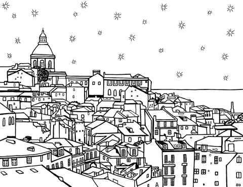 Free printable coastal Lisbon coloring page featuring Alfama hillside homes, tiled rooftops, the Tagus River and National Pantheon: You-Color