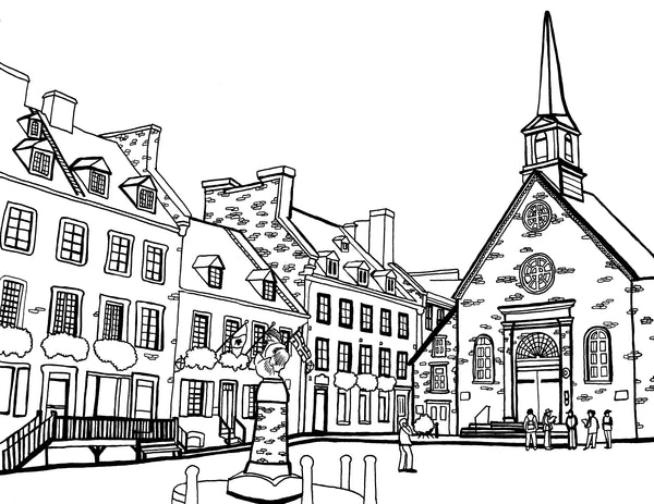 Free printable Notre-Dame-des-Victoires Church coloring page featuring Place-Royale in Old Québec City: You-Color