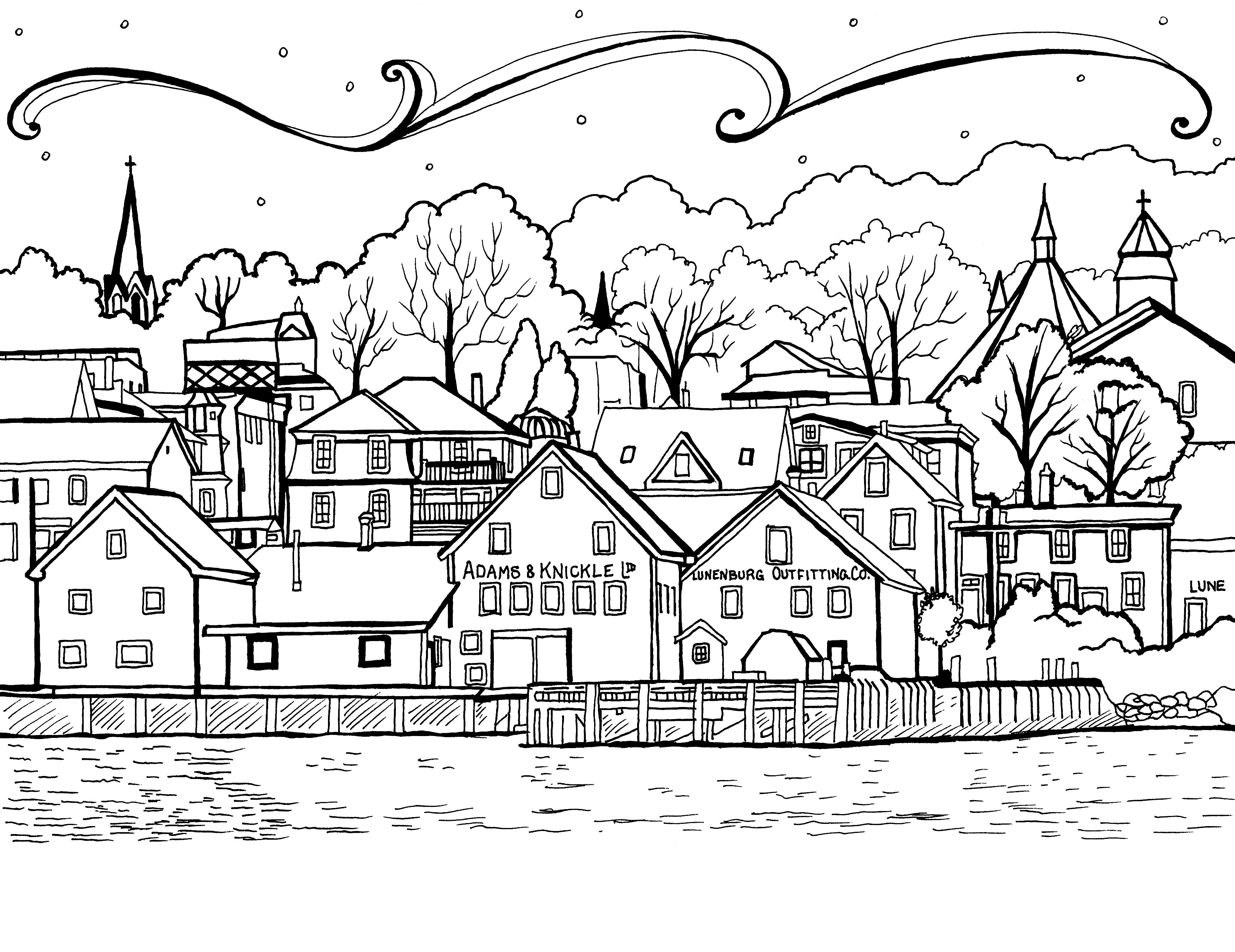 Free printable Lunenburg Nova Scotia coloring page featuring historic waterfront buildings and church steeples: You-Color