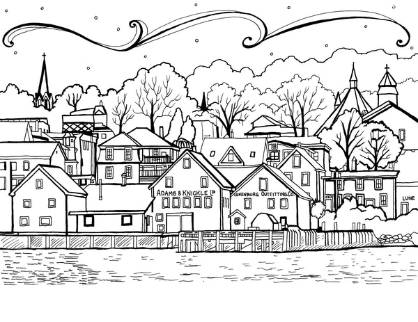 Free printable Lunenburg Nova Scotia coloring page featuring historic waterfront buildings and church steeples: You-Color