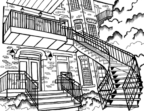 Free printable Montréal outdoor staircase coloring page featuring a traditional brick plex, metal stairs, balconies and leafy plants: You-Color