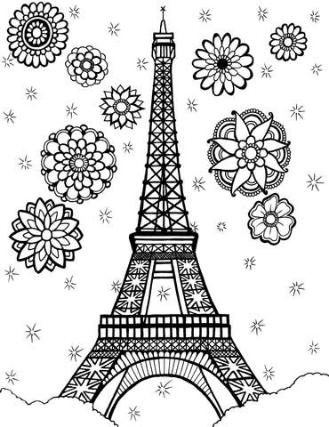 Free printable Eiffel Tower Paris coloring page featuring its detailed iron lattice, decorative flowers and sparkling sky: You-Color